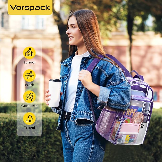 Vorspack Clear Backpack Heavy Duty - Large Clear Backpacks Transparent Bookbag for Girls Boys Large See Through Bag for Work, College, Concert - Purple
