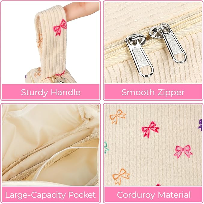 WOBAGMEN Cute Pencil Case,Large Corduroy Zippered Pencil Case Pouch, aesthetic Pencil Bag with Compartments, Pencil Pouch School Supplies (HY-corduroy pc-coloful bow)