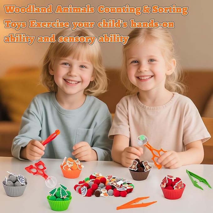 EZdhuawuse Woodland Animals Sensory Bin Fillers - 266Pcs Summer Animals Fine Motor Toys Sorting Stacking Toys for Kids, Felt Fox Bear Pom Poms Cup Clip for Preschool Education Development Activity