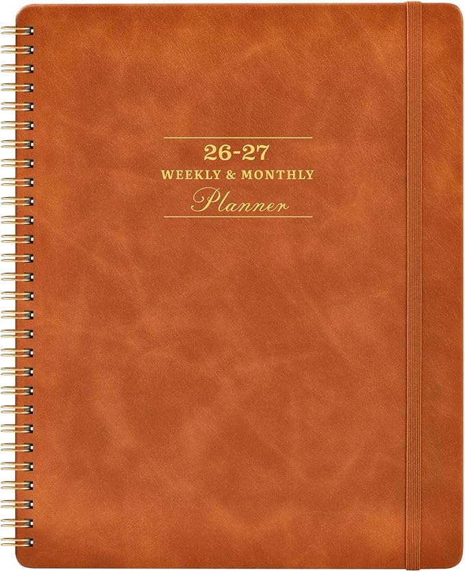 Planner 2026-2027 - July 2026 - June 2027, 2026-2027 Academic Weekly Monthly Planner, 8" x 10", Leather Brown Cover, Spiral Bound, Tabs