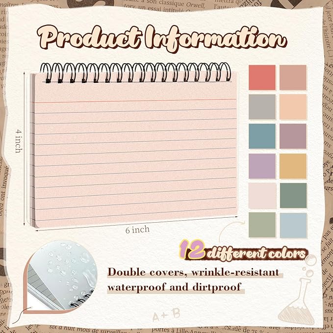 12 Pcs Large Index Cards with Ring Set 4x6 Colored Ruled Notecards with Waterproof Covers Spiral Flashcards for Studying, Learning, College, School, Office, Home Supplies(Retro)