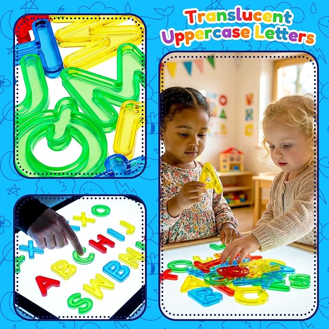 Bbiamsleep 52 Pcs Plastic Capital Letters, Colorful Transparent Uppercase Letters Light Table Manipulatives for Sorting Counting Training Spelling