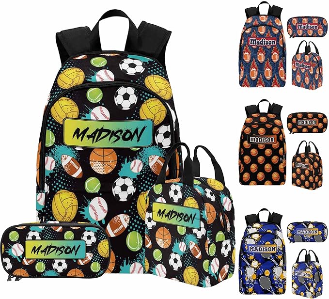 M YESCUSTOM Custom Boys Backpack with Lunch Box Set for Toddler Kids, Colorful Ball Games Football Personalized School Backpack with Name for Picnic Travel Lightweight Book Bag