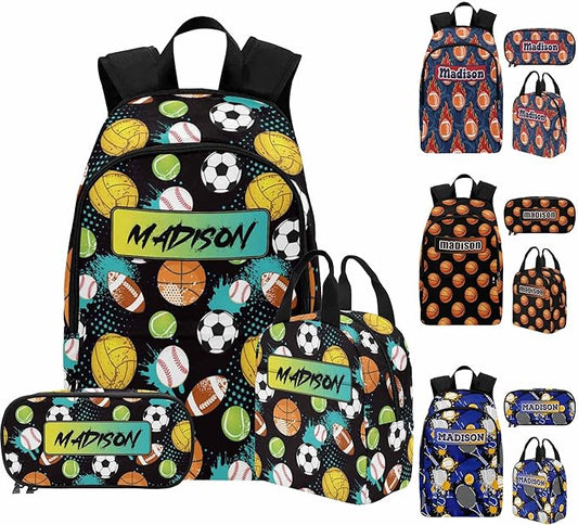M YESCUSTOM Custom Boys Backpack with Lunch Box Set for Toddler Kids, Colorful Ball Games Football Personalized School Backpack with Name for Picnic Travel Lightweight Book Bag