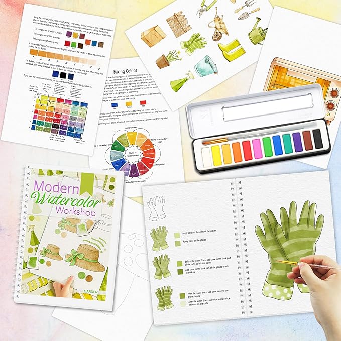2Pcs Watercolor Workbook with Step by Step for Beginner, Beginner-Friendly Water Coloring Book with 12 Colors Paint, Watercolor Paper, Beginner Watercolor Painting Kit, Watercolor Coloring Book