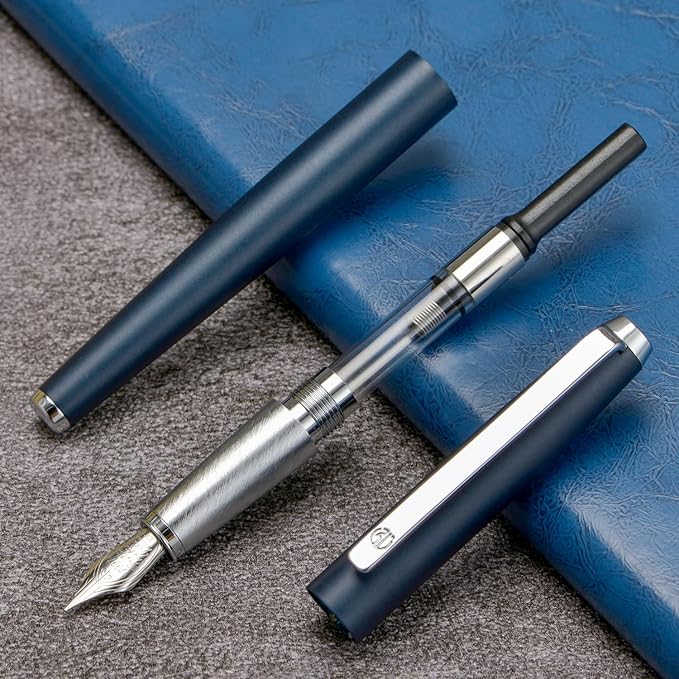HongDian 525 Blue Metal Fountain Pen Bent Nib, Calligraphy Fude Pen 0.6mm with Converter and Metal Box Set