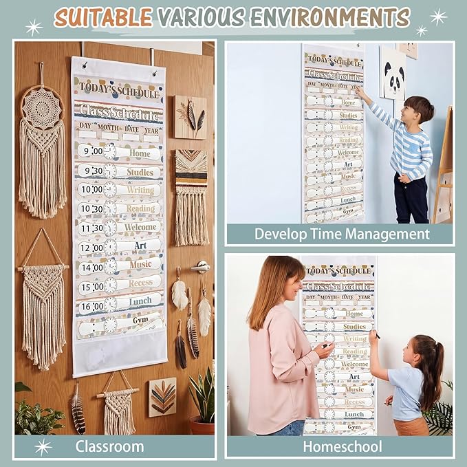 Daily Schedule Pocket Chart for Classroom Decor with 13+1 Pockets and 42 Designed Schedule Cards, Teacher Supplies for Preschool Classroom Home Office Back to School Decorations(Boho)