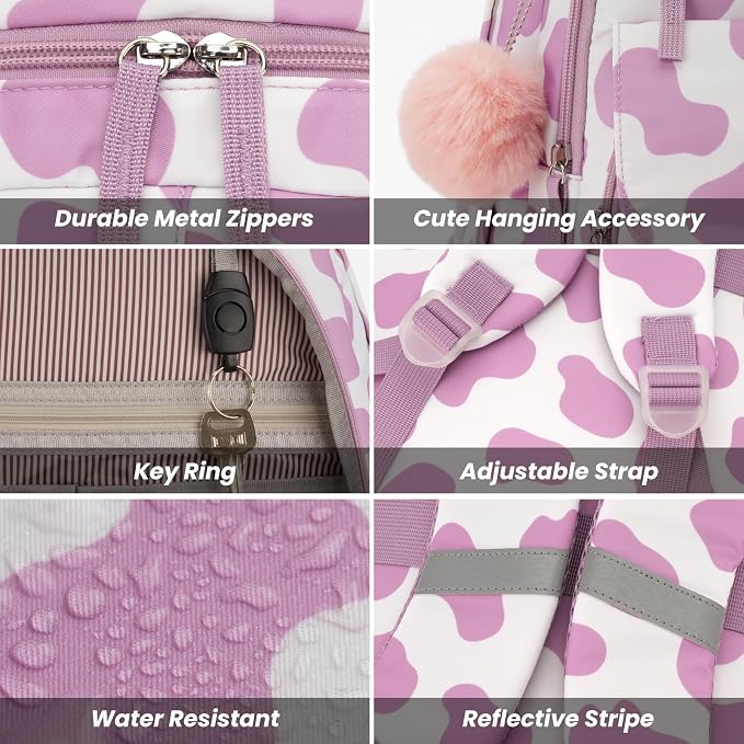 WINDARS School Backpack for Teen Girls, Cute College Backpacks for Women Students Aesthetic Bookbag Large 15.6 Inch Laptop Bag Middle School Travel Back Pack (Cow Print Purple)