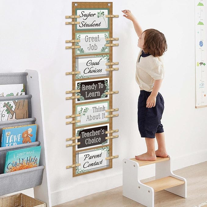 Student Behavior Clip Chart for Classroom Management Kids,Reward Chart for Kids Hanging Bulletin Board Teacher Supplies for School Preschool (Eucalyptus)