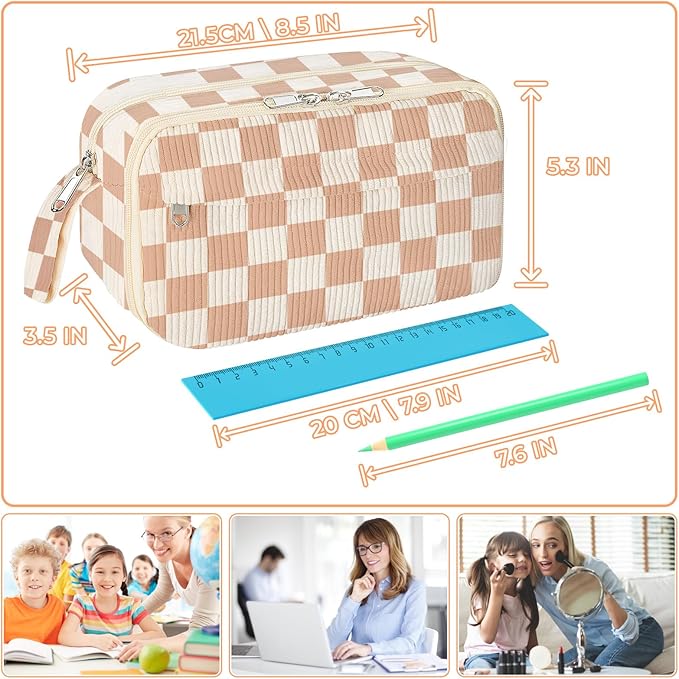 WOBAGMEN Cute Pencil Case,Large Corduroy Zippered Pencil Case Pouch, aesthetic Pencil Bag with Compartments, Pencil Pouch School Supplies (HY-corduroy pc-checked)