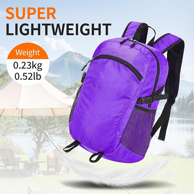 Small Hiking Backpack 15L Travel Lightweight Hiking Packable Daypack Water-Resistant Foldable Backpacks for Women Men Camping (Purple)