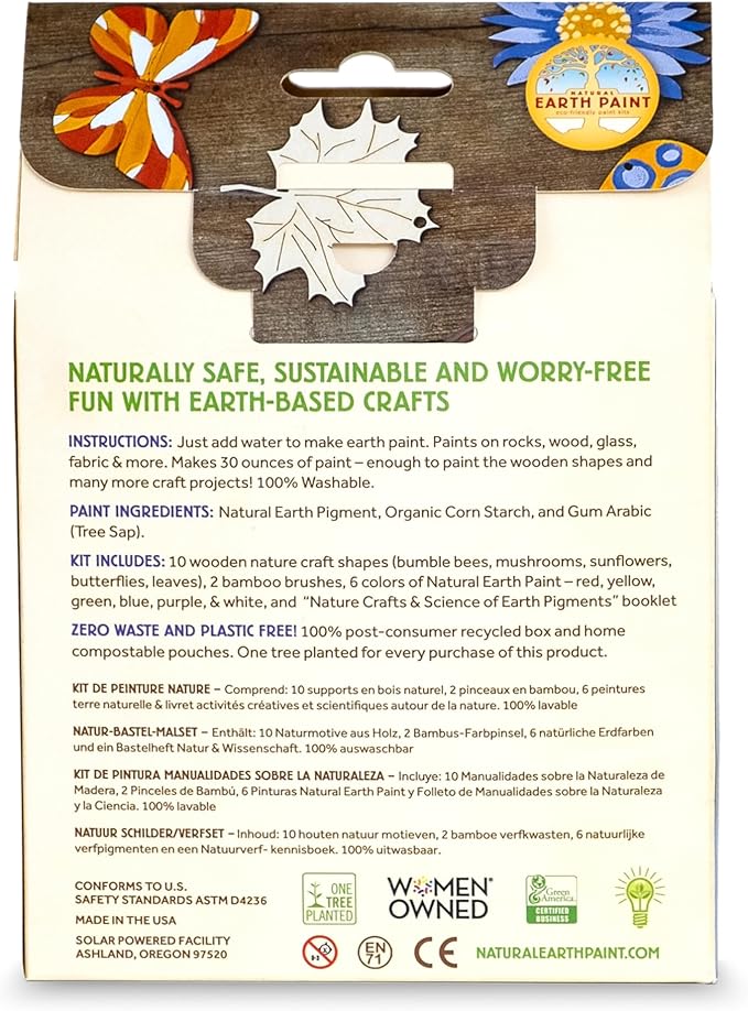 Nature Craft Paint Kit | 10 wooden nature shapes | 2 bamboo brushes | 6 colors of non-toxic washable paint | Sustainable & Eco-Friendly | Zero-waste & Plastic-Free