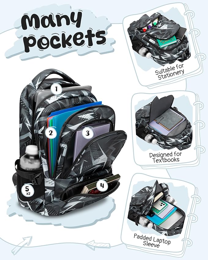 BLUEFAIRY Kids School Backpack for Boys Girls Ages 6-8 8-10 10-12 Elementary Middle School Book Bags with Laptop Compartment Mochilas Escolares para Niños Niñas de 8 10 12 Años (Black, Geometric)