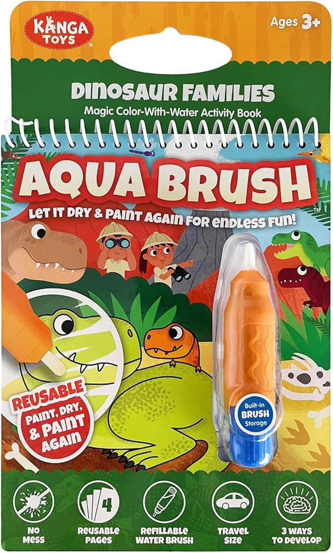 Dinosaur Families Aqua Brush Activity Book - Reusable Water Coloring, Travel-Friendly Fun for Kids