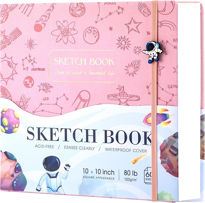 FLYING EAGLE Pink Sketchbook for Kids, 10"X 10" Square Sketch Book & Drawing Pad, 60 Sheets/120 Pages, 120lb/200GSM Heavy Paper, Bleed-Resistant Hardcover Drawing Book for Girls Teens, Gift Boxed