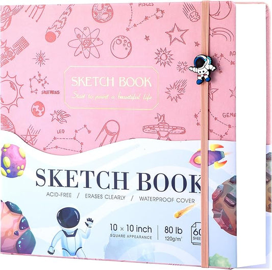 FLYING EAGLE Pink Sketchbook for Kids, 10"X 10" Square Sketch Book & Drawing Pad, 60 Sheets/120 Pages, 120lb/200GSM Heavy Paper, Bleed-Resistant Hardcover Drawing Book for Girls Teens, Gift Boxed