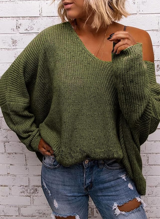 BZB Women's V Neck Long Sleeve Knit Loose Oversized Pullover Sweater Top