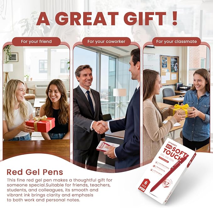 STAGEEK GX3 Red Gel Pens, 6 Pcs Quick Dry Smooth Writing Pen with 3 Refills | Red Ink Pens, 0.7mm Fine Point, Retractable, Office, School Supplies, Journaling & Note Taking, for Nurses, Teachers