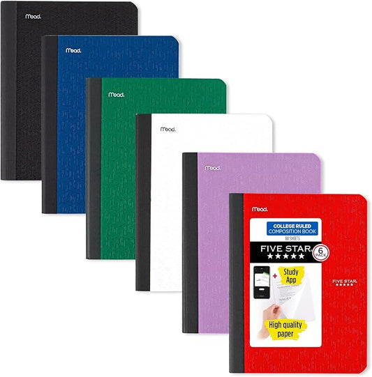 Five Star Composition Books + Study App, 6 Pack, College Ruled Paper, 9-3/4" x 7-1/2", 80 Sheets, Black, Red, Green, Blue, Purple, White (850065A-ECM)