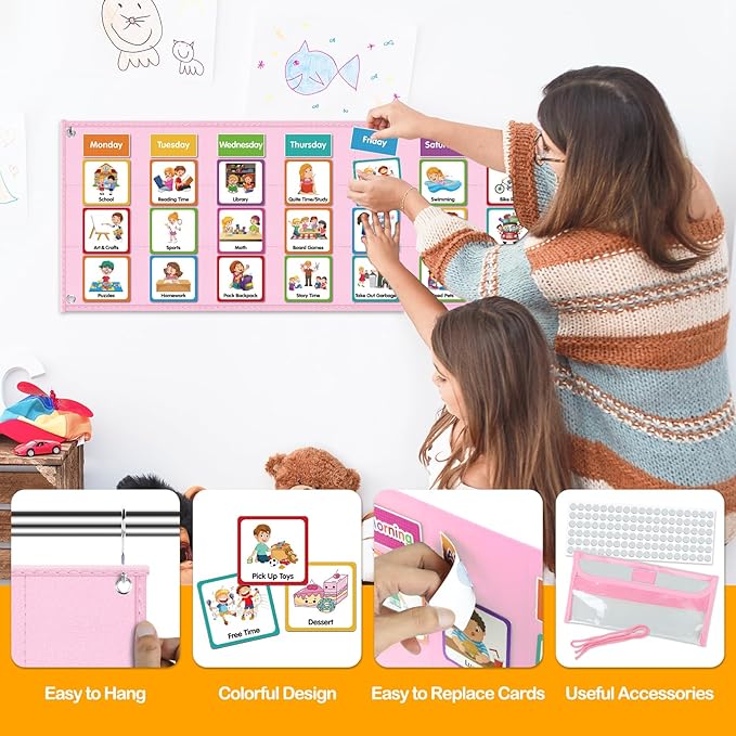 Large Visual Schedule for Kids Chore Reward Chart,Bedtime Routine Chart for Toddlers,Double Side Schedule Board with 109 Cards for Home School Planner,Autism Learning Materials (Pink)