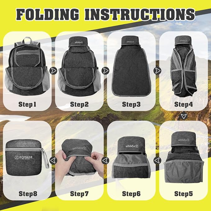 ZOMAKE Lightweight Packable Backpack, 10L Small Foldable Daypack for Hiking | Water Resistant Collapsible Backpacks for Women Men, Everyday Carry, Multi Compartment Storage, Adjustable Strap(Black A5)