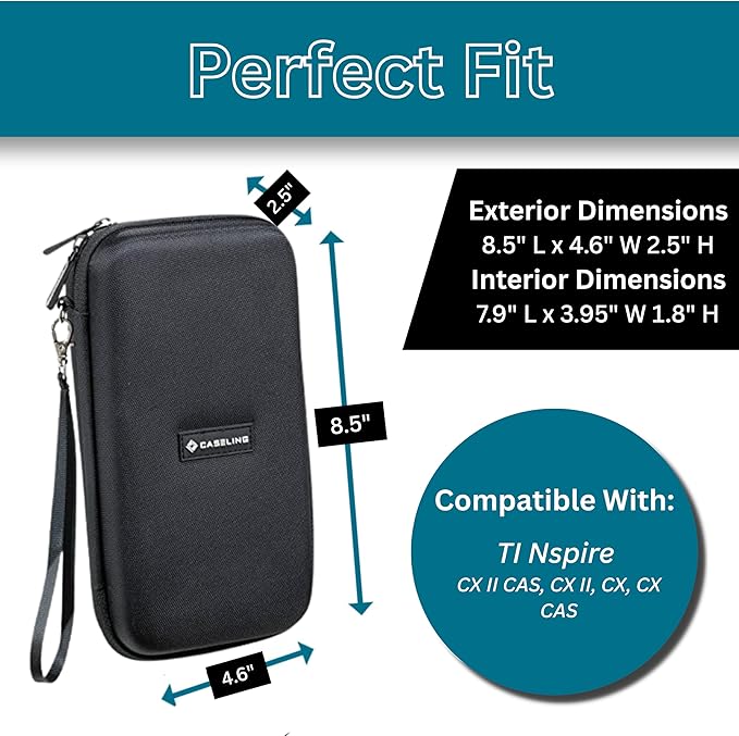 Caseling Hard Case for Texas Instruments TI Nspire CX II CAS, CX II, CX, CX CAS - Graphing Calculator Protective Carrying Case, Wrist Band, Extra Pockets for USB, Cables, Accessories