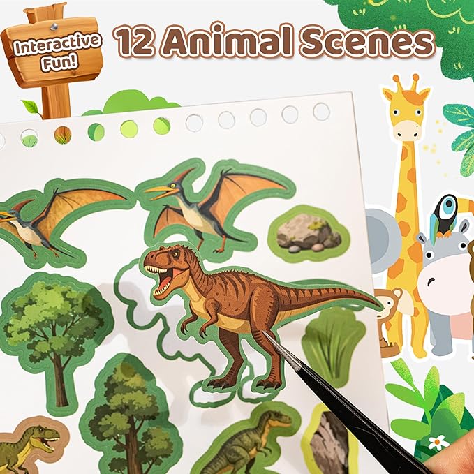 Dinosaur Sticker Book for Toddlers 2-4 Years Sticker Activity Book for Kids with 12 Scenes & 12 Coloring Pages Toddler Travel Essential Quiet Time Activities