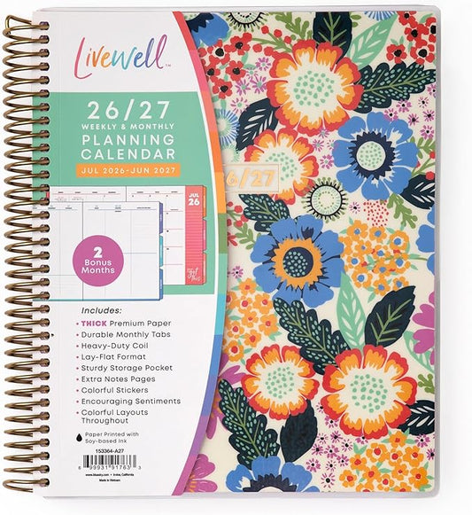 Blue Sky Livewell 2026-2027 Weekly and Monthly Academic Year Planner Calendar, July 2026 - June 2027, 7" x 9", Flexible Cover, Wirebound, Colorful Interior, Laminated Tabs, Storage Pocket, Includes Stickers, Charmie