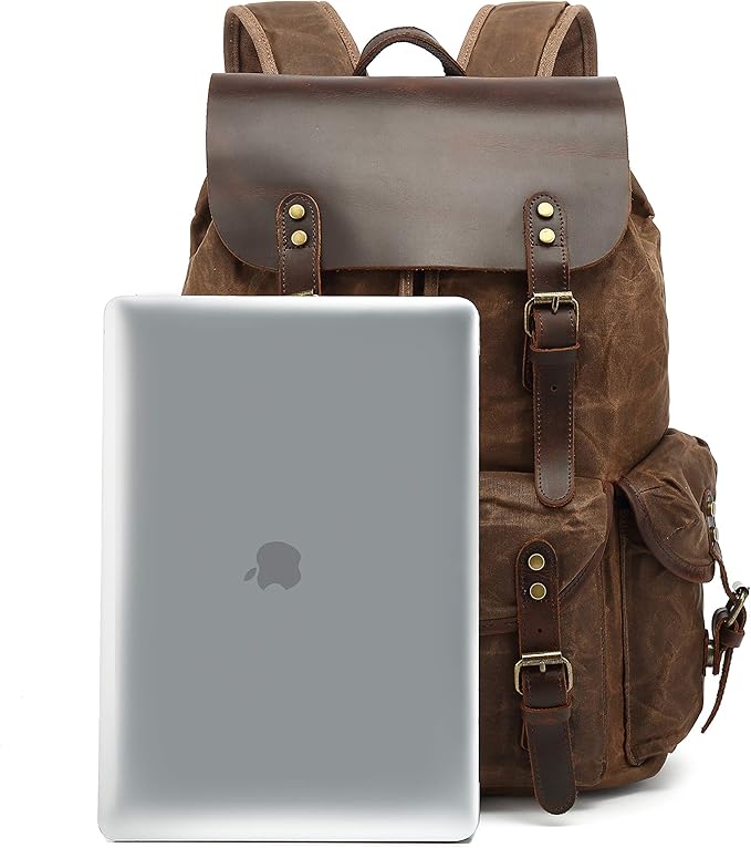 Genuine Leather Canvas waxed Backpack Travel Rucksack Laptop Bag Army Green