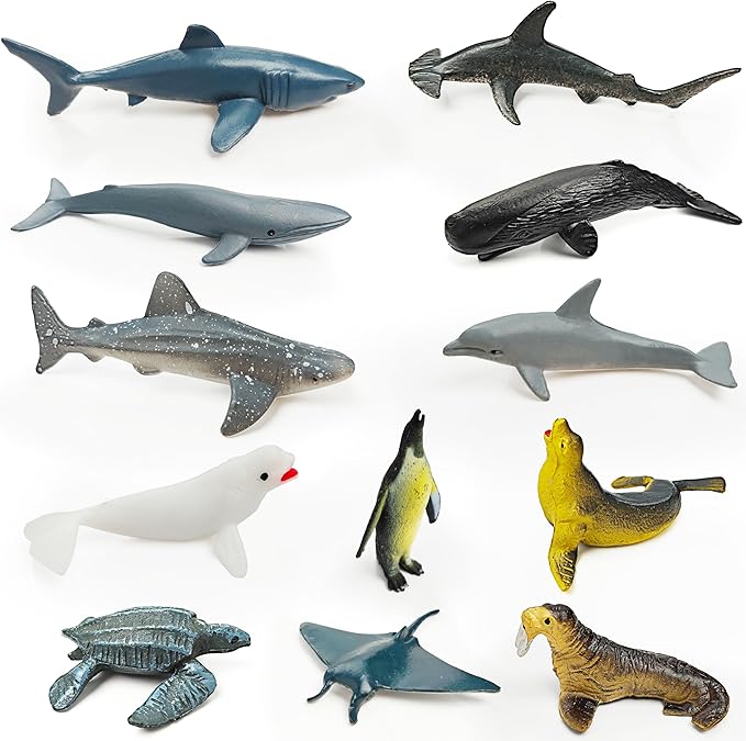 12 Marine Animal Figurines for Kids, Plastic Animal Toys Tiny Portable Sea Creature Figures Playset Montessori Toy Educational Game for Homeschool Preschool Toddler Kids