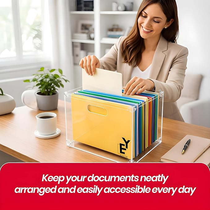 ERAYA Clear Acrylic File Organizer with Handles, Portable Hanging File Box for Letter/A4 Documents 8.5"x11", Sleek Desktop Storage for Office, Home, Study, Magazines, Notebooks, and School Supplies