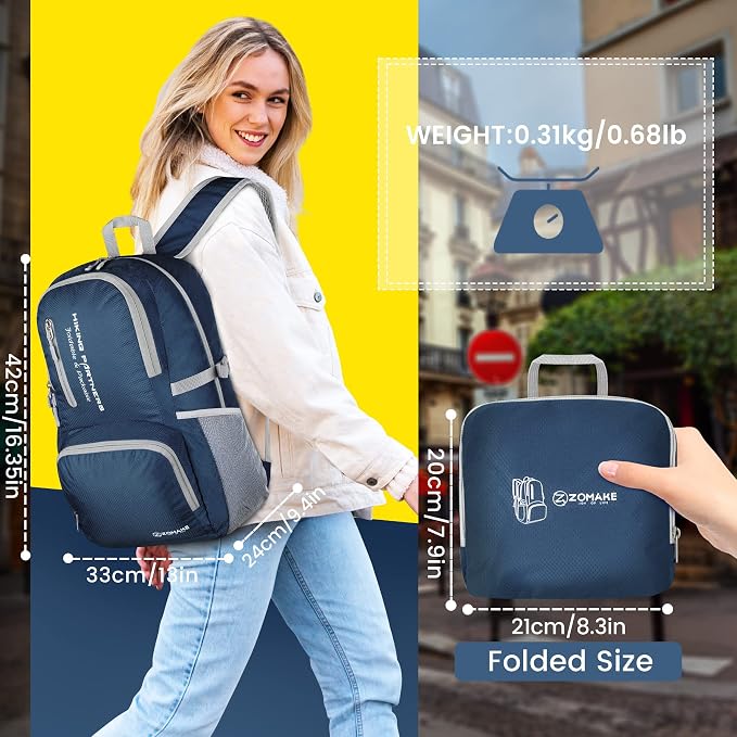 ZOMAKE Lightweight Packable Backpack, 35L Foldable Daypack (Navy Blue) | Light Hiking Backpacks Water Resistant Collapsible Day Pack for Travel, Everyday Carry, Multi-Pocket Layout, Heavy Duty Nylon