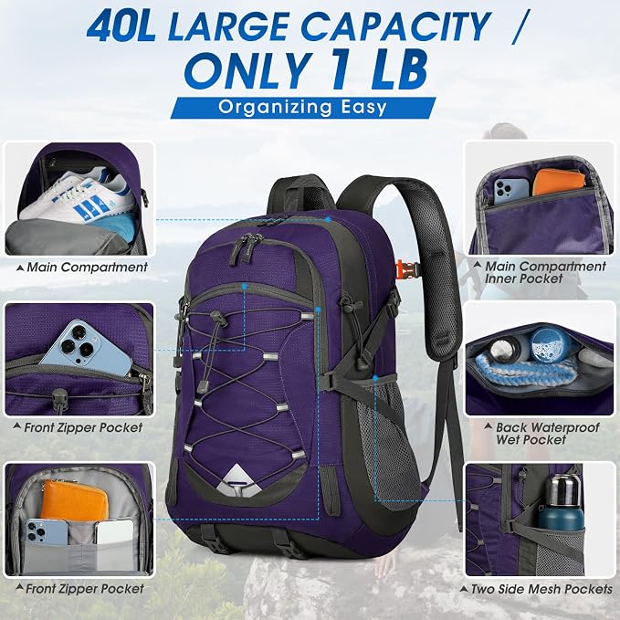 IGOLUMON Hiking Backpack 40L Packable Lightweight Camping Daypack Men Women | Multi-compartment storage Water-resistant Foldable Nylon Material Hiking Day pack for Camping Cycling Outdoor