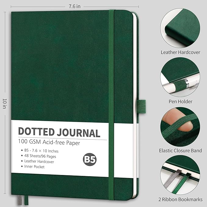 RETTACY Dotted Journal Notebook, 96 Pages, B5 Medium Size (7.6'' x 10''), Leather Hardcover, 100 GSM Thick Paper, for Journaling, Planning, Tracking (Dark Green)