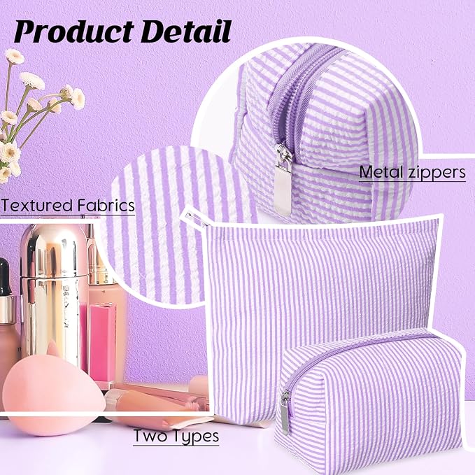 Huhumy 2 Pcs Makeup Bag Set for Women, Purple, Thin Striped Seersucker | Cute Cosmetic Pouch Women Travel Toiletry Bag Preppy Small Makeup Purse Pouch Aesthetic Skincare Brushes Storage Organizer
