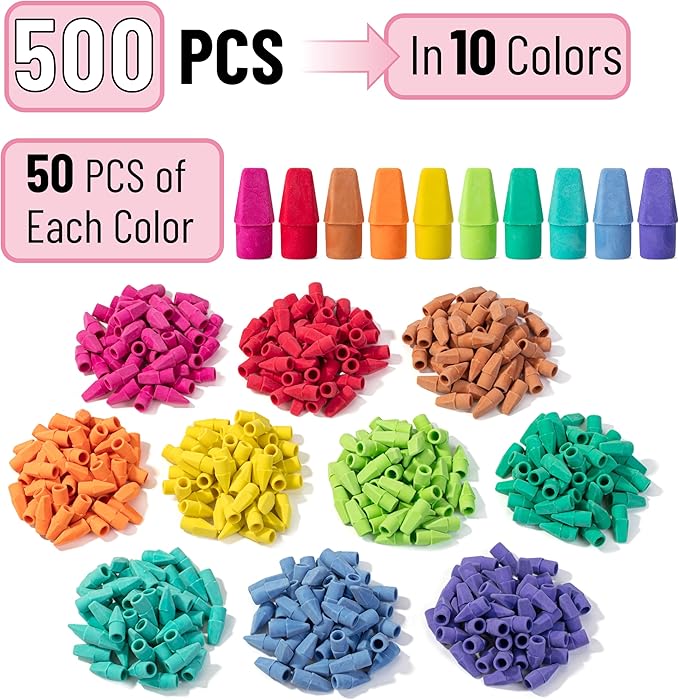 Mr. Pen- Pencil Erasers Toppers, 500 Pack, Colorful, Latex Free, No Smudge, Mr Pen Erasers for Pencils, Bulk Pencil Eraser Caps, Teachers as School Supplies, Classroom Set for Kids