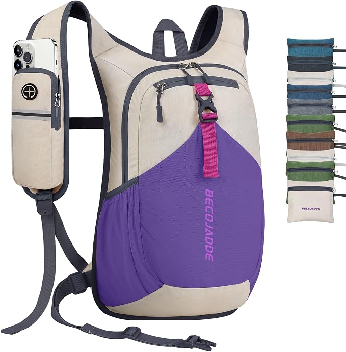 BECOJADDE 20L Small Hiking Backpack for Men Women Foldable Packable Back Pack Ultralight Hiking Daypack for Travel Camping Outdoor, Beige Purple