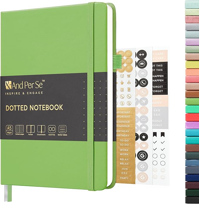 &And Per Se Dotted Journal Notebook, A5 Hardcover Leather Dotted Journal, 160 Pages 100gsm Thick Dot Grid Paper, 3 Sheets of Stickers Included - 5.7'' x 8'' (Pastel green)