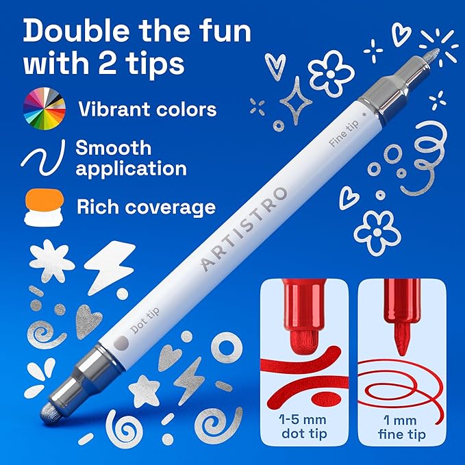ARTISTRO 12 Metallic Precision Dual-Tip Acrylic Paint Markers – Paint Pens Set with Dot & Fine Tips for Fabric, Rock, Glass, Wood, Coloring Books – Classroom & Art Supplies Teacher Appreciation Gift