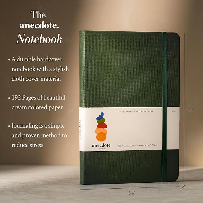 ANECDOTE. Dotted Journal Notebook, 192 Pages, A5 size: 8.3" x 5.4", Thick 100 GSM Paper, Dotted, Hardcover. Journal for Women and Men, Perfect Notebook for School, Work and Travel (Evergreen)