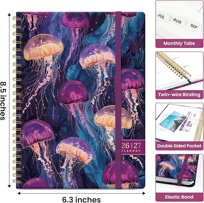 Planner 2026–2027, Academic Monthly Weekly Spiral Calendar, July 2026 – June 2027, Hardcover Agenda Notebook with Tabs, 6.3" x 8.5", Perfect for Students, Teachers, School & Daily Planning - Ocean Glow