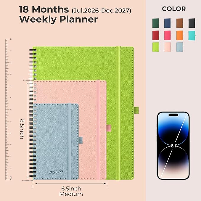 Planner 2026-2027 Daily Weekly and Monthly,8.5"x6.5",18 Months Spiral Bound Calendar Agenda with Self-adhesive Pen Holder,2026 Academic Plan with Vegan Leather Soft Cover,Wasabi Green