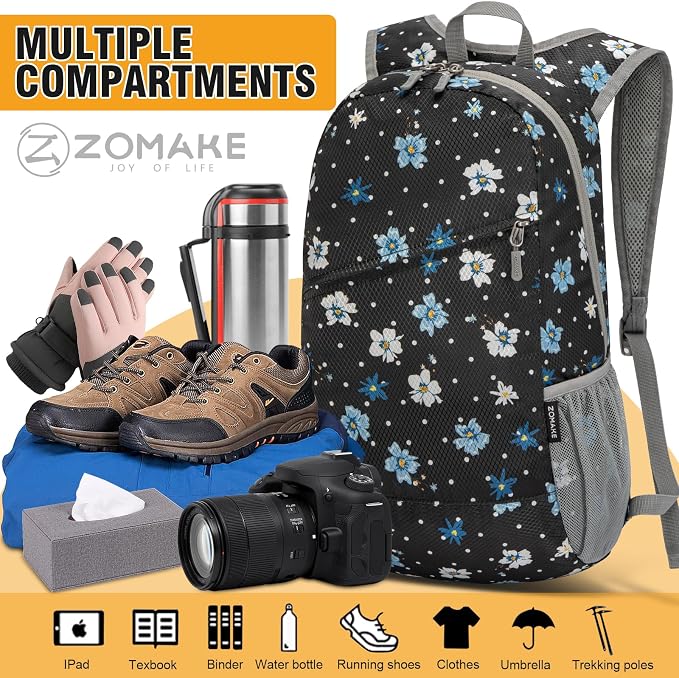 ZOMAKE Lightweight Packable Backpack 20L, Foldable Small Daypack for Hiking | Water Resistant Backpacks Day Bag for Travel Outdoor Camping Sport, Everyday Carry(Black, White Polka Dot Floral)