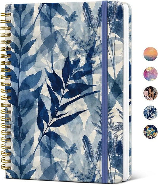 ZOTIA Lined Spiral Journal Notebook for Women, A5 College Ruled Journals for Writing, Hardcover Notebooks for Work, Note taking and Office School Supplies,140 Pages - Blue Leaves