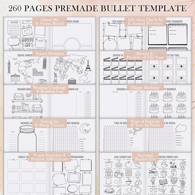 Everloria Premade Dotted Journal Notebook, 12 Months Pre-made Bullet Templates, 260 Hand-Drawn Coloring Pages, Undated Weekly & Monthly Planner, 7.8"x9.3" Linen Dot Grid Habit Mood Tracker, Gray