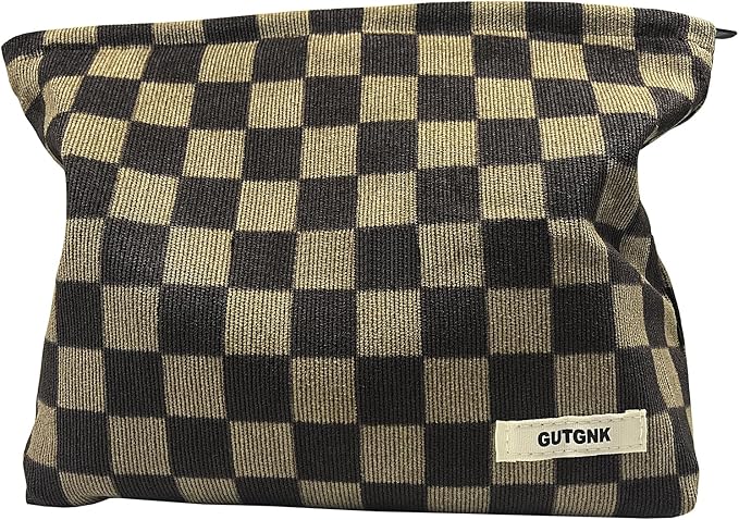 GUTGNK Women's Cosmetic Bag, Corduroy Checkerboard Travel Cosmetic Bag Small Cosmetic Bag Skin Care Cosmetic Changing Handy Bag Zipper Organizer