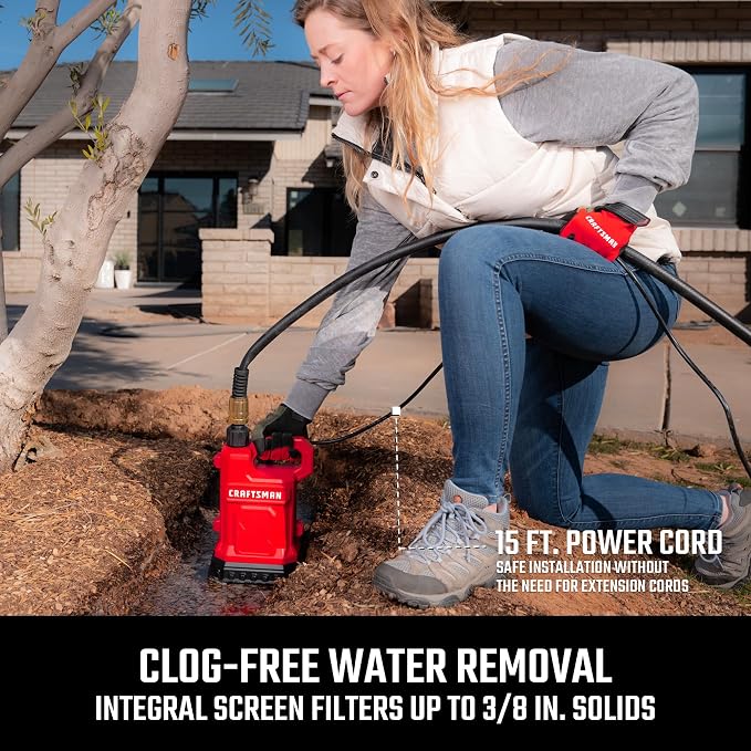 CRAFTSMAN 1/2 HP Fiberglass Reinforced Thermoplastic, Fully Submersible Water Utility Transfer/Removal Pump, Efficient Multi-Use Electric Water Pump, 15 Ft. Cord, 3000 GPH