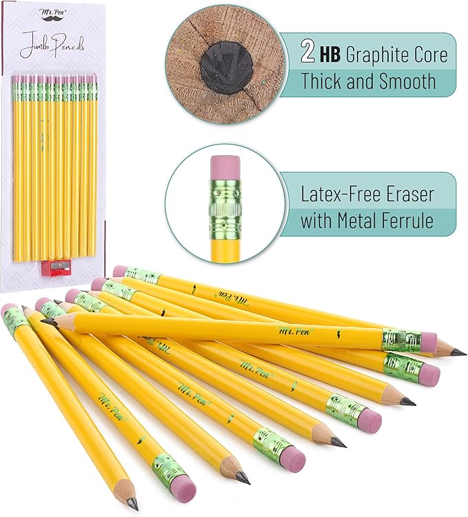 Mr. Pen- Jumbo Pencils, 10 Pack with 1 Sharpener, Yellow Barrels, Smooth Black 2 HB Graphite Cores, Large Preschool Pencils, Smooth Writing Lead for Kindergarten, Kids and School Supplies