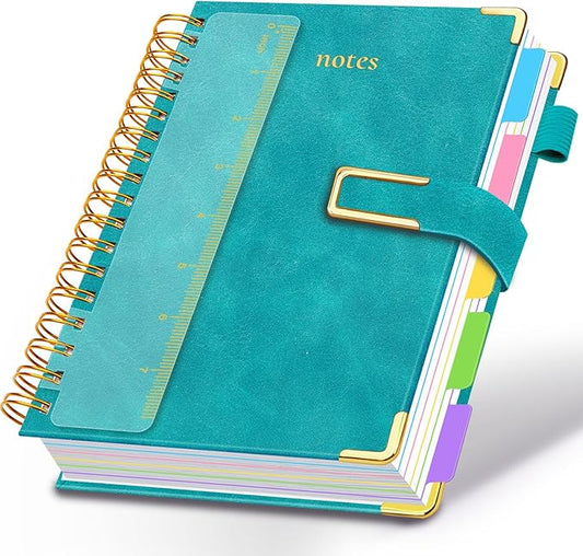 Hardcover Spiral Notebook College Ruled, 6.2"x 8.2" Leather Journal Notebook with Magnetic Closure, 300 Pages 5 Subject Notebook with Dividers Tabs Journal for Women Men, Work, School(Deep Blue)