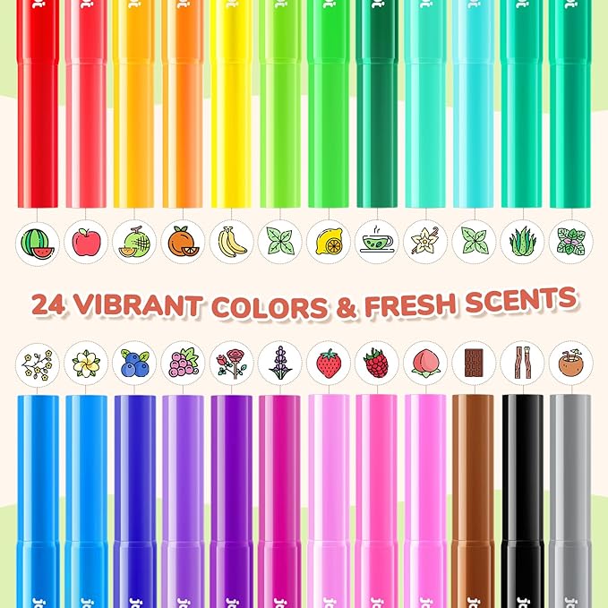 JoyCat 24 Colors Scented Washable Markers for Kids, Fruit & Dessert Smelly Markers with Versatile Conical Tips, Non-Toxic Art Supplies for Toddlers & School Classroom, Ideal Gifts for kids.